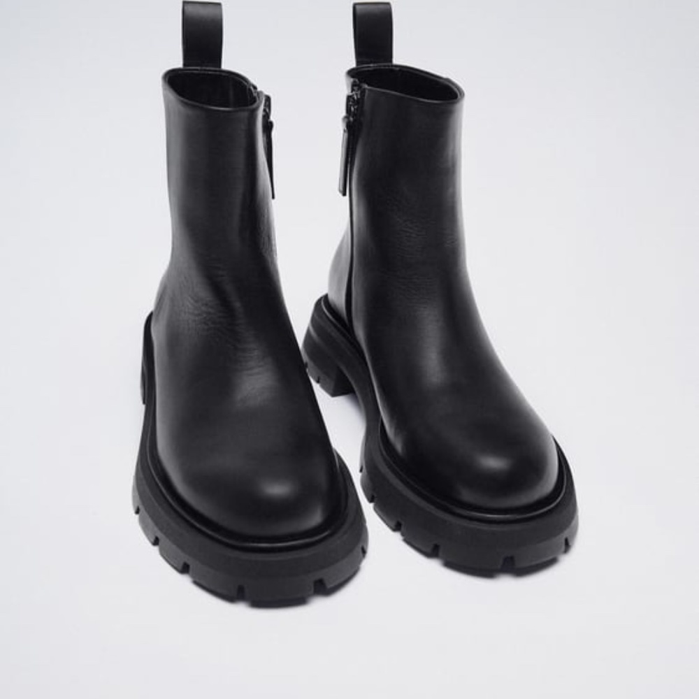 ZARA LOW HEELED LUG SOLE LEATHER ANKLE BOOTS